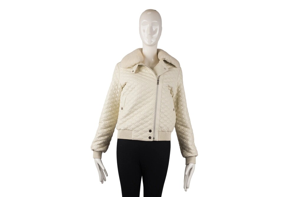 Hermès White Quilted Bomber Jacket Grained Leather Shearling Silver Hardware Siz